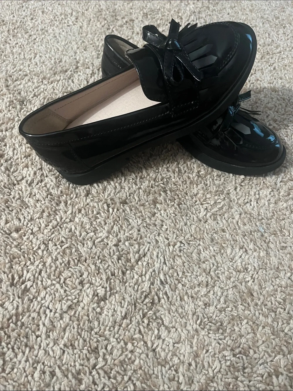 Shiny Black Kiltie Loafers for Kids with Bow Accent